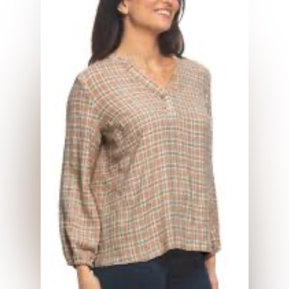Felina Top Cream Multicolor Plaid V-Neck Long Bell Sleeves Lurex Soft Women XS